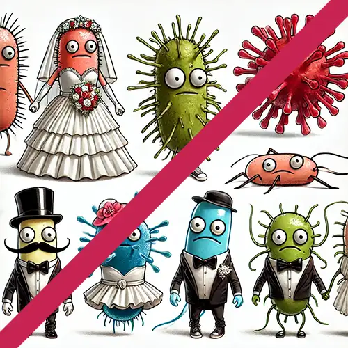Cartoonartige Darstellung von Bakterien und Viren in witzigen Hochzeitskleidern und festlicher Kleidung, die in humorvollen Posen gezeigt werden. Die Illustration dient dazu, die Wichtigkeit von Hygiene bei Fotoboxen in einem humorvollen Kontext hervorzuheben.