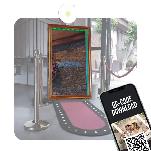 Digitales Fotospiegel-Paket „GoldenMirror“ mit Touchscreen, inkl. Aufbau, Abbau, 24/7 Support und QR-Code-Downloadfunktion