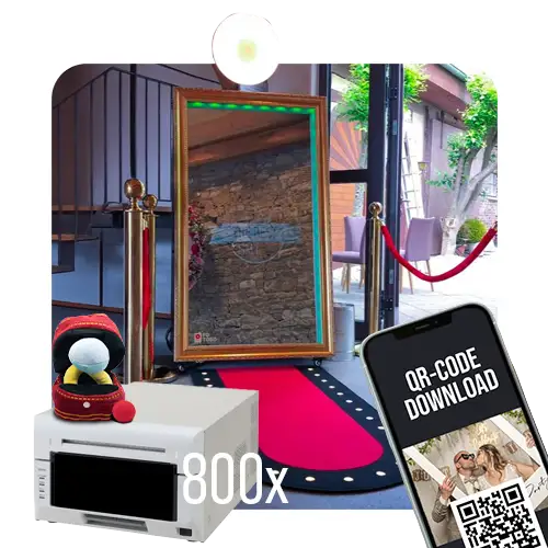 „GoldenMirror“ Royal-Paket mit rotem Teppich, goldenen Absperrungen, 400 Fotodrucken, Gadgets, Beleuchtungsset und digitalem Service (inkl. Aufbau, Abbau, 24/7 Support, QR-Code-Download).