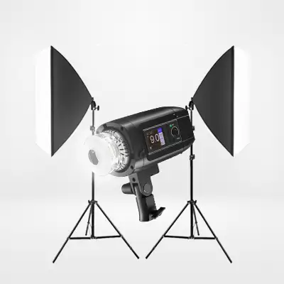 Professionelles Beleuchtungsset mit Softboxen und LED-Blitz für optimale Fotoqualität beim Fotospiegel