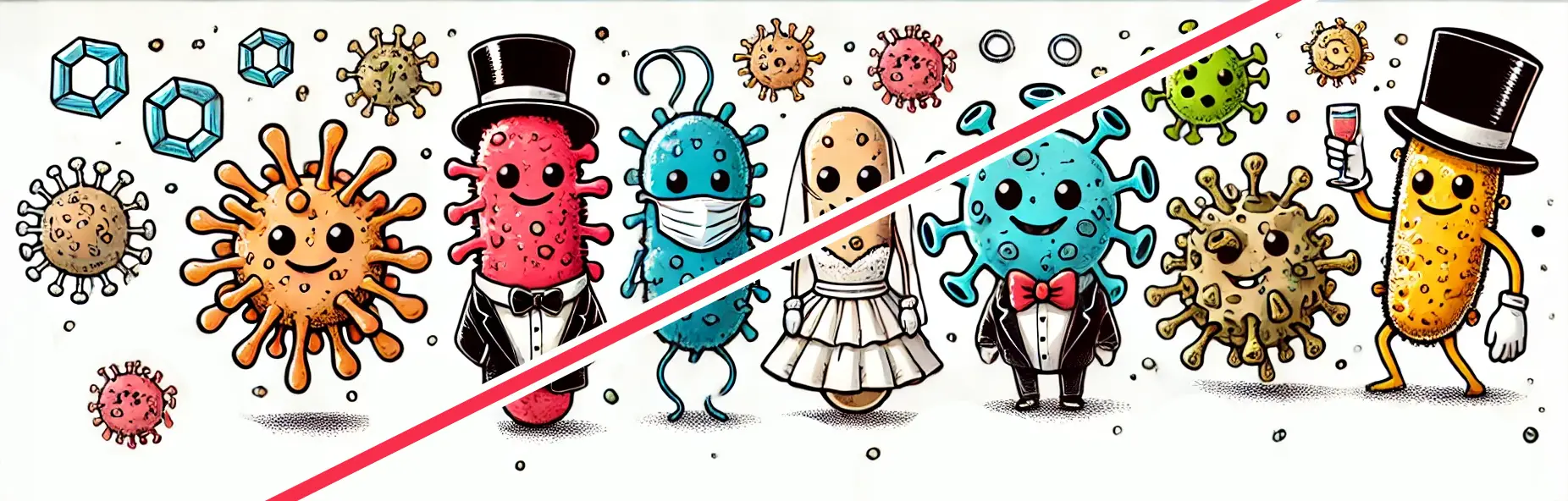 Cartoonartige Darstellung von Bakterien und Viren in witzigen Hochzeitskleidern und festlicher Kleidung, die in humorvollen Posen gezeigt werden. Die Illustration dient dazu, die Wichtigkeit von Hygiene bei Fotoboxen in einem humorvollen Kontext hervorzuheben.